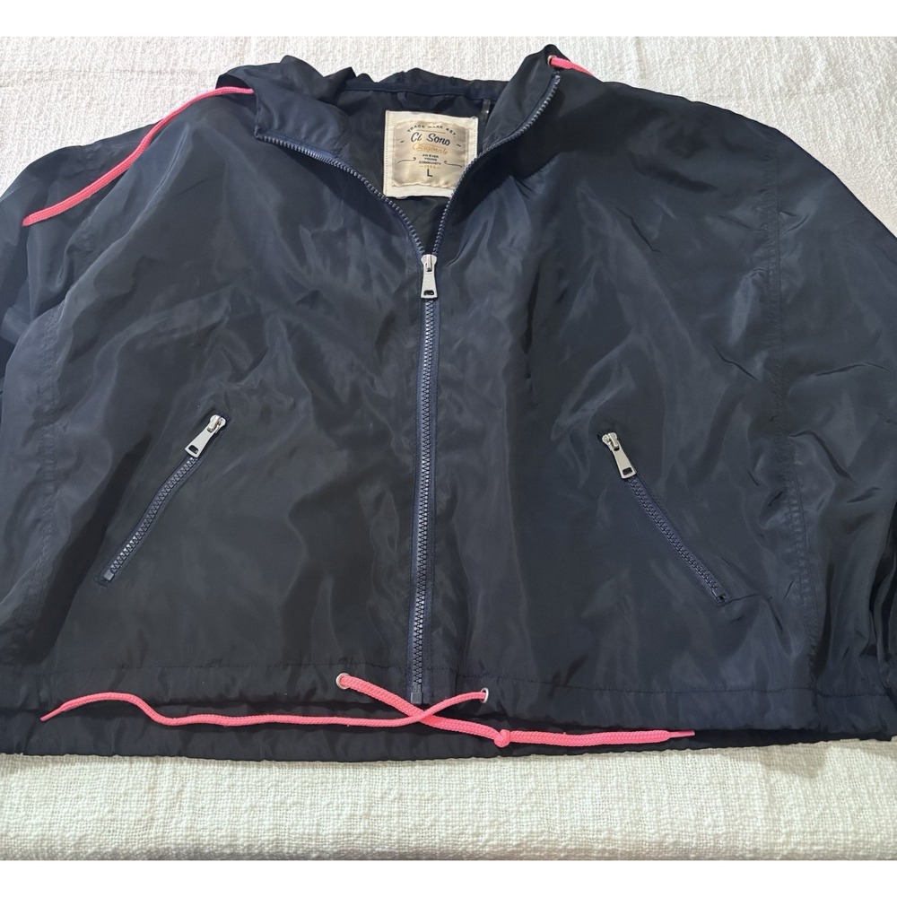 Ci Sono Large Blue Hooded Rain Jacket Lightweight Full Zip Neon Pink Accents EUC
